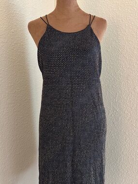 NWSleek Black Textured Slip Dress with Double Spaghetti Straps